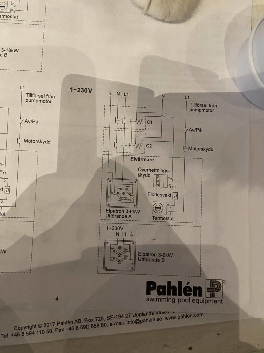 Fotografi av ett kopplingsschema för elektrisk värmare från Pahlén, med anvisningar för 1-fas 230V anslutning.