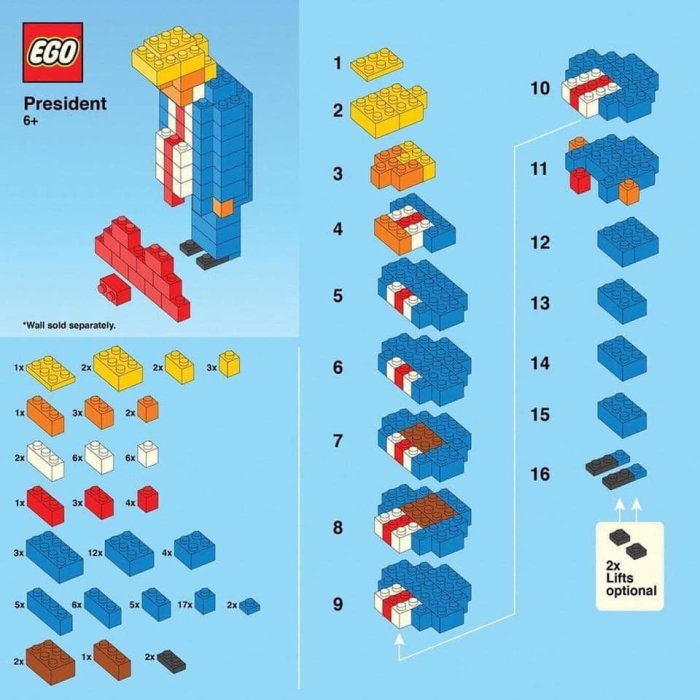 Stadievis illustration av en bygginstruktion för en LEGO figur som föreställer en karaktär med kostym i byggklossar.