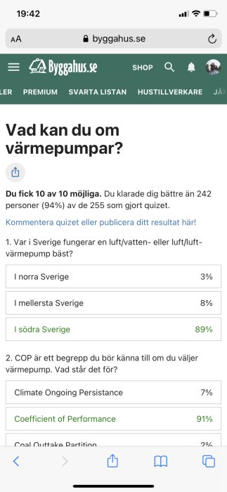 Skärmdump av quizresultat med frågor och svarsalternativ om värmepumpar på en byggforumwebbplats.