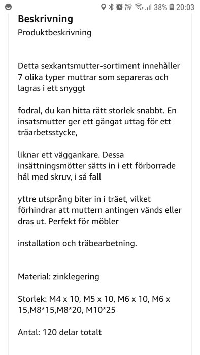 Skärmdump av produktbeskrivning för sexkantsmutter-sortiment med material- och storleksinformation.