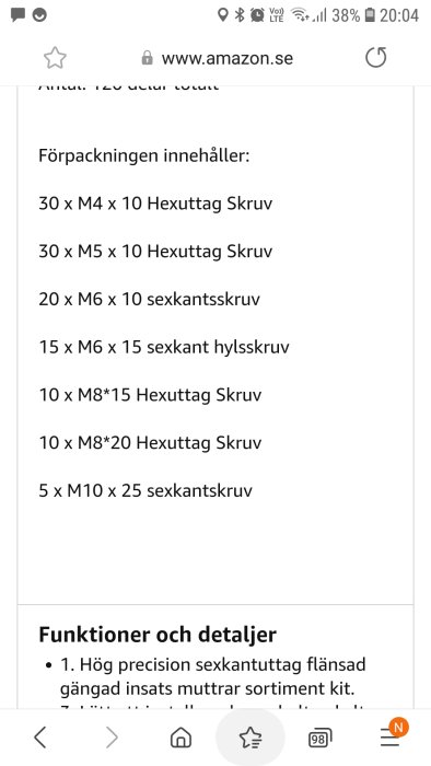 Skärmdump från Amazon som visar en lista över skruvstorlekar och antal i en förpackning.