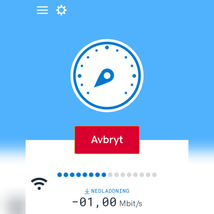 Internet hastighetstest visar -1,00 Mbit/s nedladdning med en avbryt-knapp.