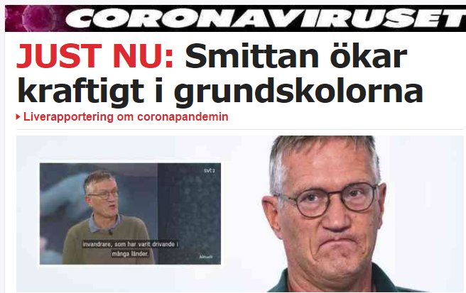 Skärmbild av nyhetsrubrik om ökad smittspridning i grundskolor, med infogad kommentar och TV-inslag.
