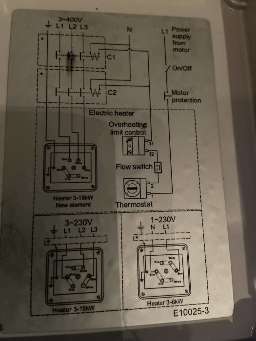 Elektrisk kopplingsschema för termostat, värmeelement och motor för byggprojekt.