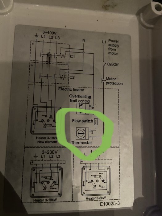 Elektriskt schema överkoppling av termostat med markerad flödesbrytare.