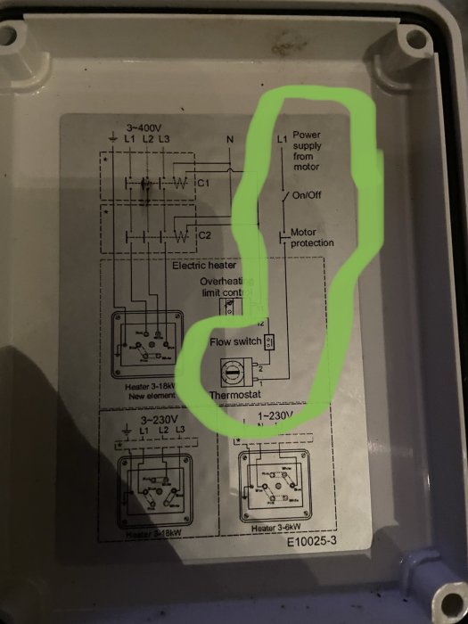 Schematisk bild av en elektrisk anslutningsdiagram med markeringar som betonar komponenterna för strömförsörjning och motorskydd.