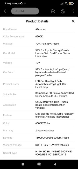 Skärmklipp på produktdetaljer för LED-bilstrålkastarlampa med info om märke, färgtemperatur, spänning och fordonstyp kompatibilitet.