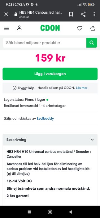 Skärmdump av en produktbeskrivning för en universal canbus motstånd / decoder på en webbshop.