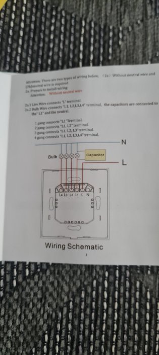 Wiring schematic diagram showing connections for a smart light switch with a capacitor, bulbs, and labeled terminals.