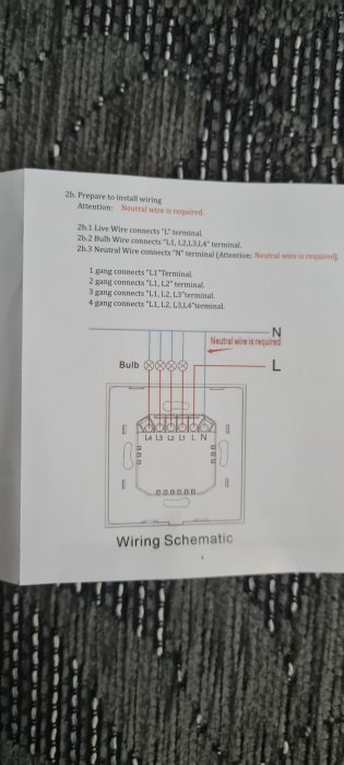 Illustration av kopplingsschema för installation av en smart strömbrytare med markering av neutral ledning.