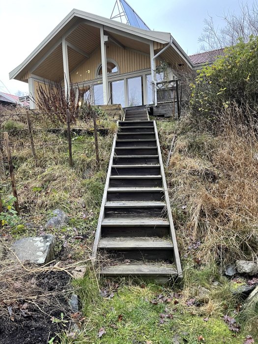 Trappa i en slänt med ett hus ovanför och plats för planerad pergola och odlingslådor.