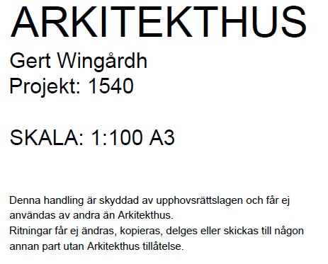 Omslagssida för arkitekturprojekt "ARKITEKTHUS Gert Wingårdh Projekt: 1540" med skala 1:100 A3 och upphovsrättsinformation.