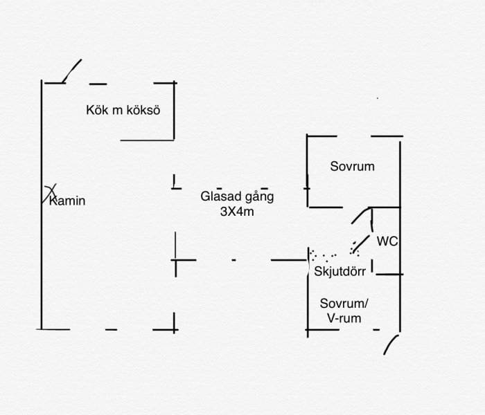 Planritning som visar en glasad gång som förbinder ett hus med ett garage, markerad för omvandling till matsal och extra rum.