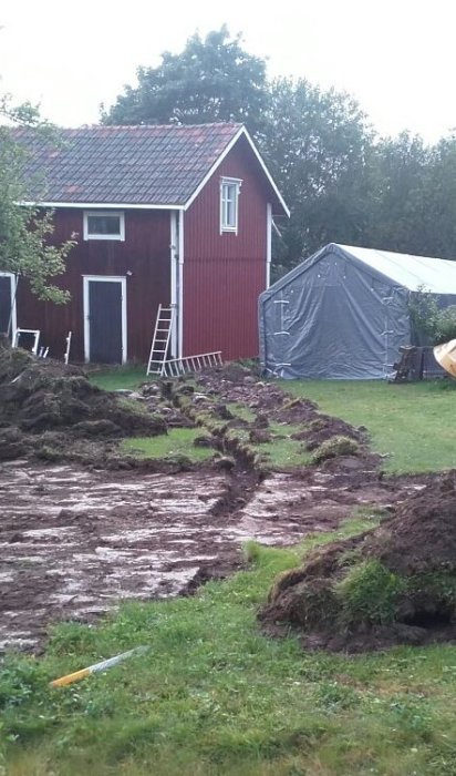 Röd träbyggnad med grunden ur våg och uppriven jord framför där reparationsarbete tycks pågå.