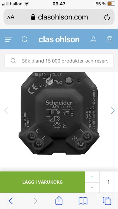Schneider Electric-dosdimmer med justeringsknappar och anslutningsterminaler.
