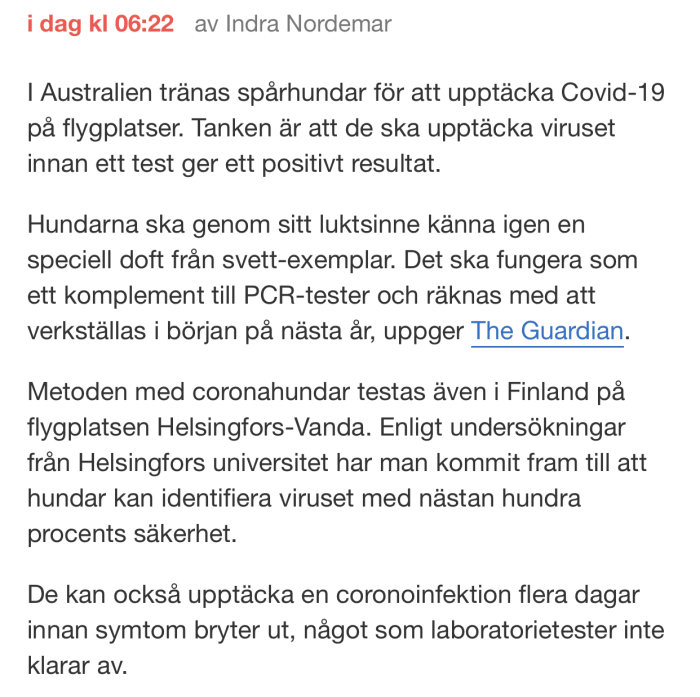 Skärmdump av en diskussionstråd gällande användning av hundar för att upptäcka COVID-19.