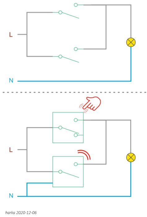 Elektrisk kretsdiagram som illustrerar en dubbeltrapp i övre halvan och en enkel, enpolig strömbrytare med rörelsesensor i nedre halvan.