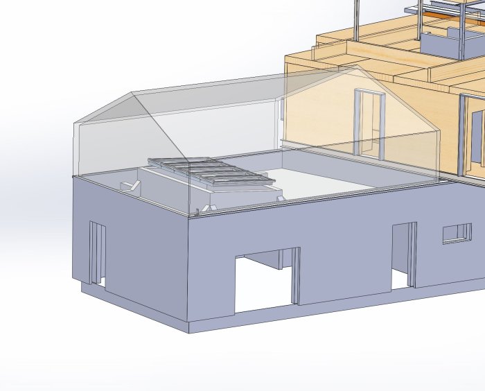 3D-ritning av en husmodell med genomskinligt tak och detaljerade inre strukturer.