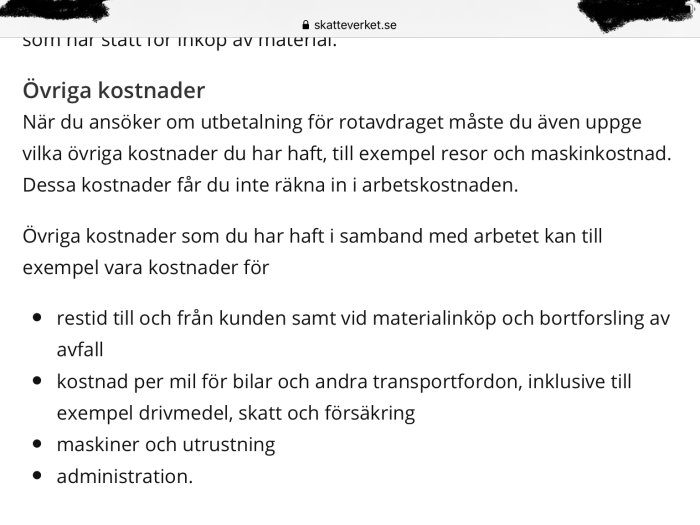 Skärmdump från Skatteverkets hemsida som listar kostnader som inte räknas in i arbetskostnaden vid ROT-avdrag.