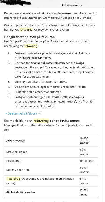 Skärmdump från Skatteverket som visar information om ROT-avdrag och exempel på fakturauppställning.