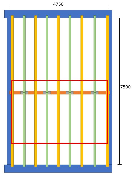 Skiss av bjälklag för renovering, med olika färgade bjälkar och avväxling inom rött område.