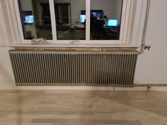 Renoverat vardagsrum med nytt golv och nymålade väggar med ett gammalt, omålat element framför fönstret.