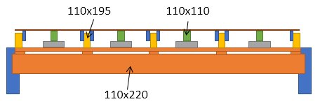 Schematisk bild av bjälklag i en byggnad med måttangivelser för olika bjälkar samt föreslagen placering för badrum.