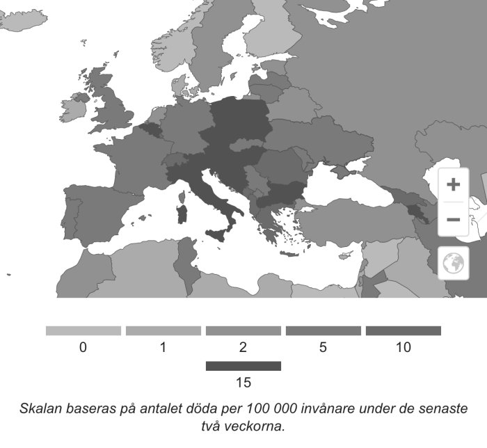 Karta över Centraleuropa med olika nyanser av grått som visar antal döda per 100 000 invånare.