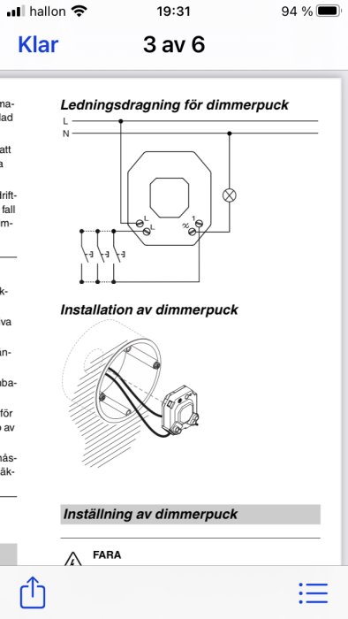 Elektriskt schema och illustration av installation för en dimmerpuck.