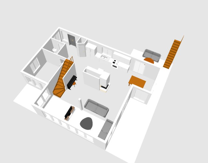3D-ritning av ett husinredningsförslag med möbler och rumslayout.