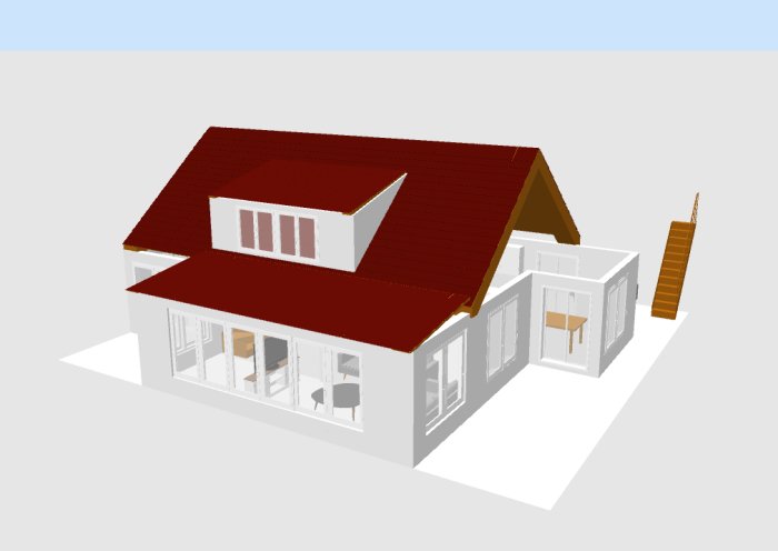 3D-rendering av ett rött takhus med vit exteriör och fristående trappa.