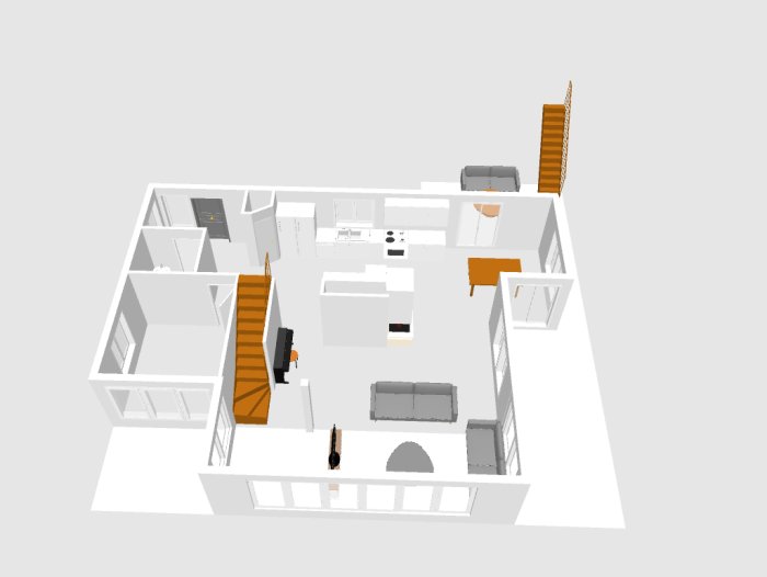3D-ritning av en tom våningsplanslayout med utmarkerad spännvidd för potentiell balkkonstruktion.