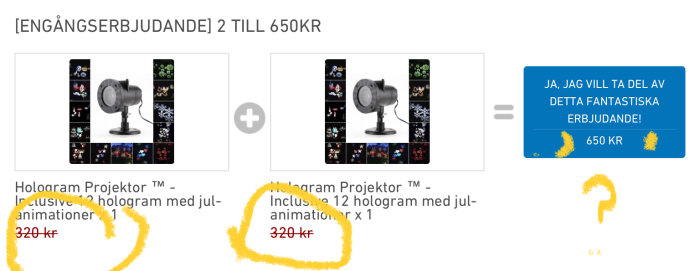 Reklambild för Holoaram Projektor med julanimationer och prisangivelse, erbjudande två för 650 kr.