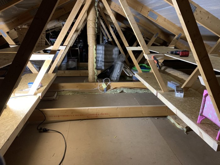 OSB-golv under uppbyggnad på vind med plats för förvaring, synliga takstolar och isolering.