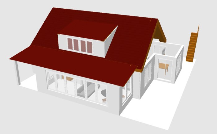 3D-modell av ett hus med extra tak över uteplatsen för symmetri och skydd.