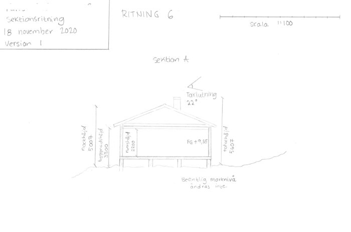 Sektionsritning av en byggnad med taklutning, måttangivelser och textnoteringar, daterad 18 november 2020.