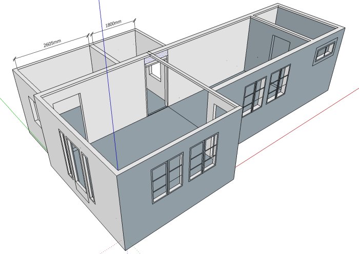 Skiss av ett gårdshus i 3D som visar mått och rumsindelning för renovering och uppvärmningsplanering.