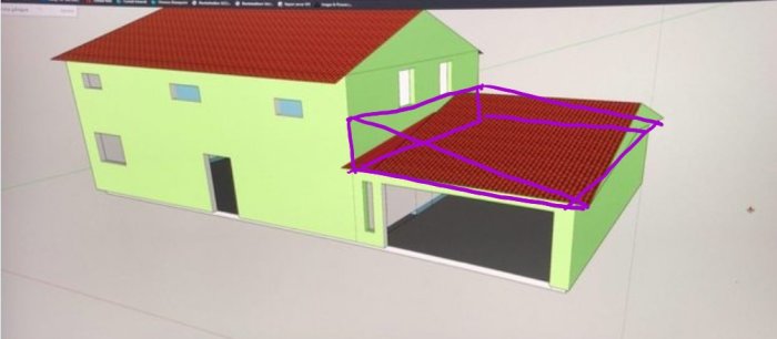 3D-modell av ett grönt hus med planerad terrass på garagetaket markerad med lila linjer.