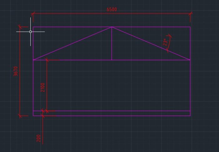 Ritning som visar mått och lutning på en takkonstruktion med dimensioner 6500mm bred och 3570mm hög.