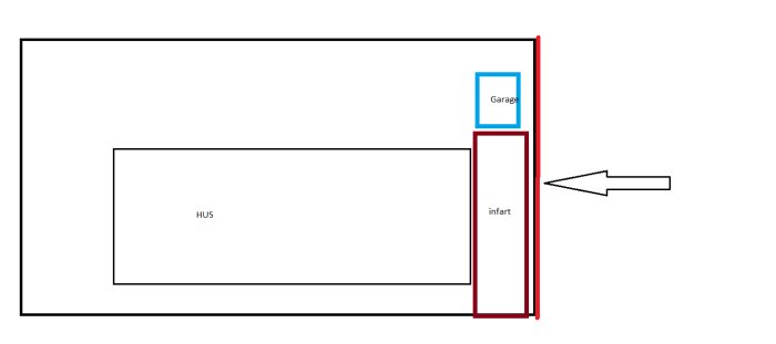 Schematisk ritning av ett hus, garage och infart med markerat område för planerad stödmur.