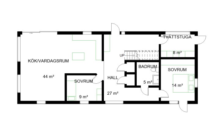 Planritning av en bostad med tydlig entré, stort kök/vardagsrum, två sovrum, badrum, tvättstuga och generös hall.