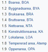 Lista över olika area-begrepp för byggnader inklusive BOA, BYA och BTA.