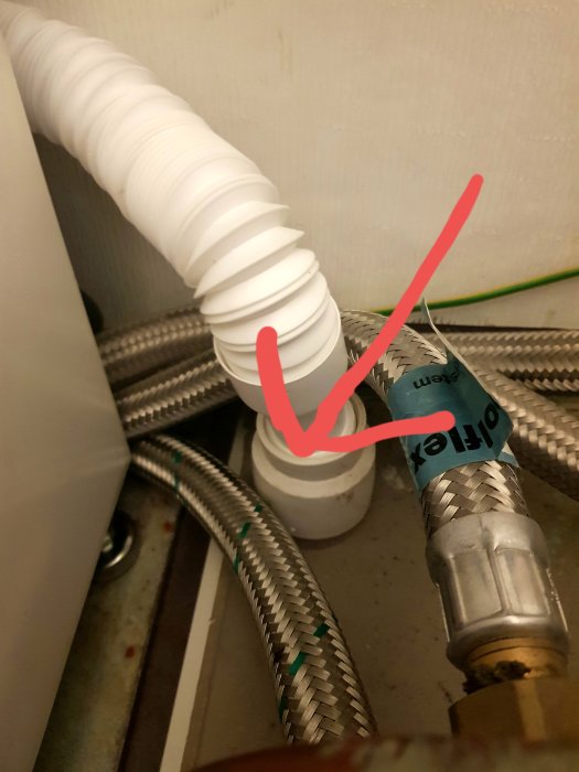 Vattenläckage där en vit avloppsslang möter vattenlåset, markerat med röd pil.