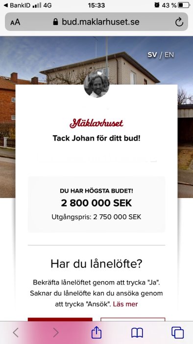 Skärmdump av budgivning på fastighetsmäklarsida med högsta bud på 2 800 000 SEK.