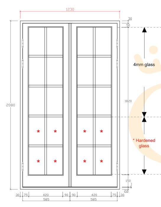 Måttanpassad ritning av pardörrar från Qvesarum med dimensioner och detaljer.