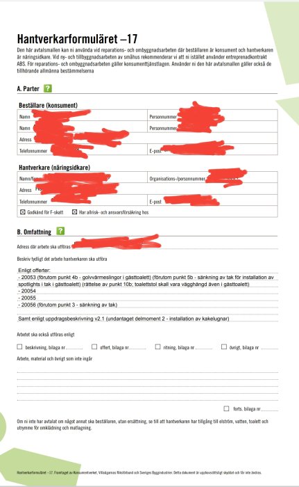 Ifylld blankett för hantverkartjänster med rödmarkerad personlig information.