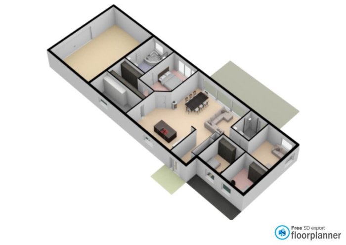 3D-planritning av en lägenhet med benämnda rum och möbleringsförslag.