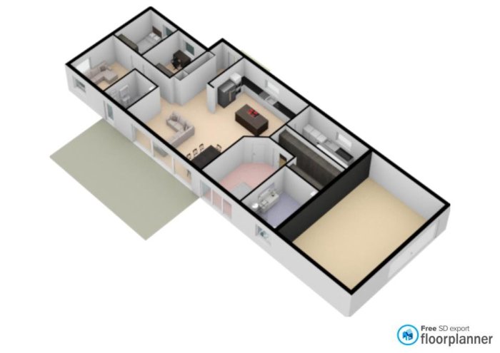 3D-planritning av ett hem med öppen planlösning inklusive vardagsrum, kök, sovrum och badrum.