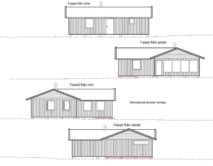 Arkitektritningar som visar fasadvyer från fyra sidor av ett fritidshus, med en utbyggnadsdel markerad.