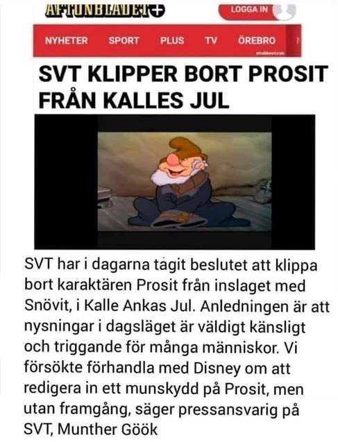 Animerad karaktär som torkar en tår, överskrift om bortklippning av figur från svenskt TV-program.